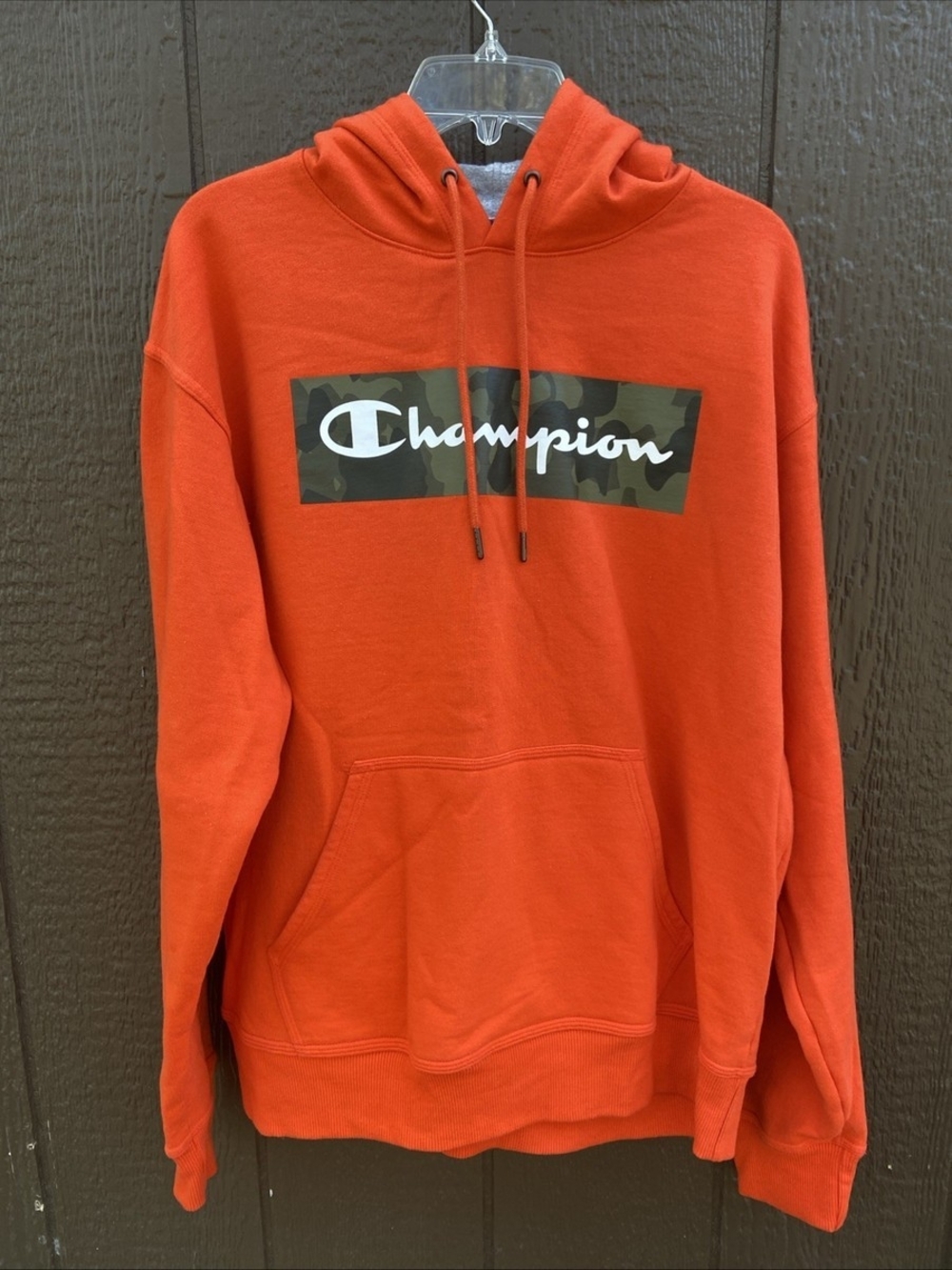 Champion Orange Hoodie with Camo Logo Box